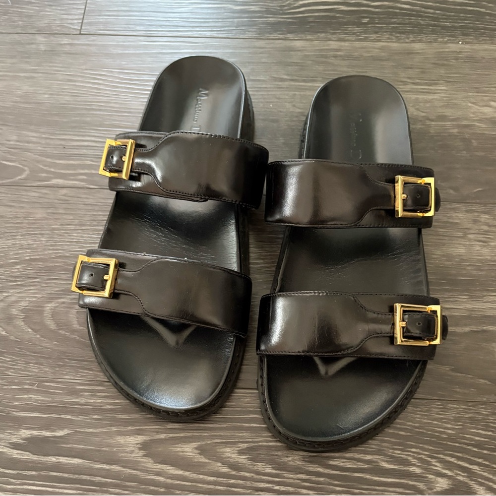 Massimo Dutti Black Leather Slide Sandals